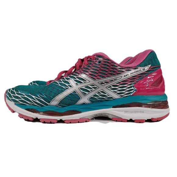 Asics Gel Nimbus 18 Women 8 Mesh Teal Silver Pink Athletic Running Sneakers - Picture 1 of 15
